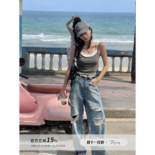 ZQ子晴 破洞水洗闊腿褲女夏款小眾設計感直筒寬松褲子顯瘦牛仔褲