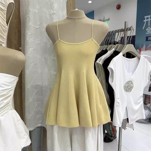 十三行小個子辣妹低圓領無袖純欲吊帶裙黃色連衣裙中長款吊帶上衣