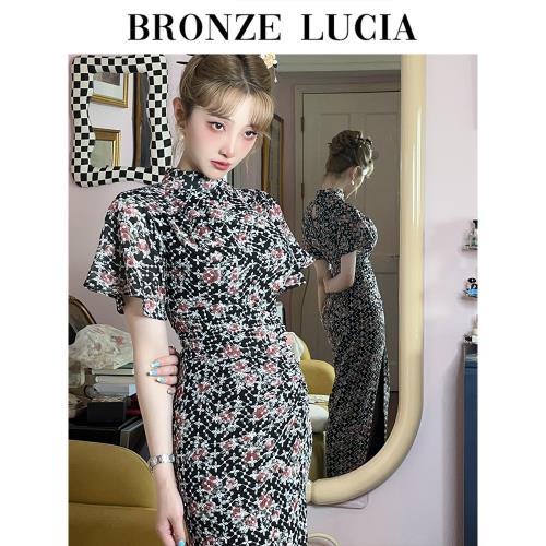 Bronze Lucia復古花色抽褶旗袍2024新款新中式連衣裙女小眾高級感
