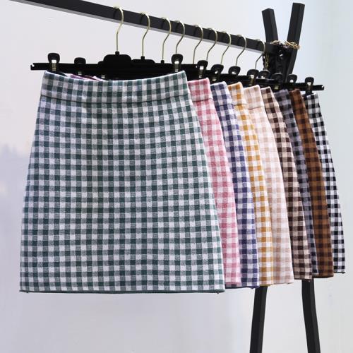 千鳥格針織包臀半身裙女秋季小個子性感a字高腰短裙顯瘦格子半裙