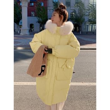 奶黃色羽絨棉服女2023年新款冬季中長款韓版甜美寬松加厚棉襖外套