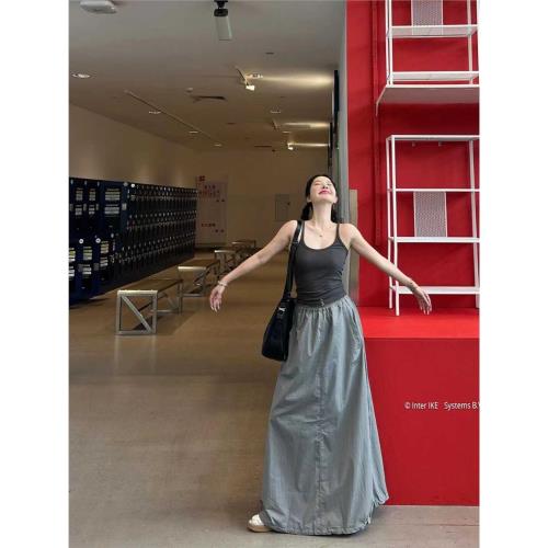 美式運動風灰色高腰工裝半身裙女夏季設計感傘裙開叉半裙直筒長裙