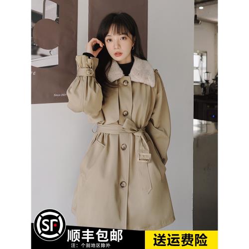 卡其色派克棉服女2025新款冬季加絨加厚風衣小個子收腰中長款外套