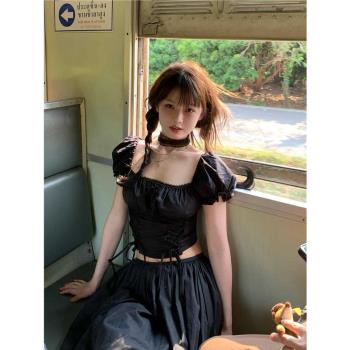 暗黑系女夏季兩件套泡泡袖上衣