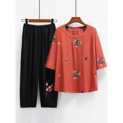 中老年女裝夏季媽媽棉綢套裝60歲奶奶短袖棉麻上衣老太太衣服t恤