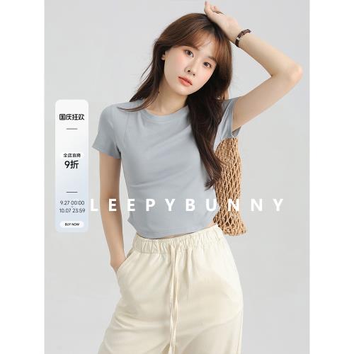 X瞌睡兔 正肩彈力白色T恤女修身顯瘦休閑百搭短袖設計感短款上衣