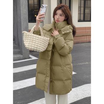 粉色連帽羽絨服女2023新款冬季韓系甜美溫柔中長款保暖白鴨絨外套