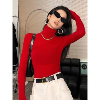 高領修身聖誕紅色打底衫女2024年秋冬新款高階感時尚洋氣內搭上衣
