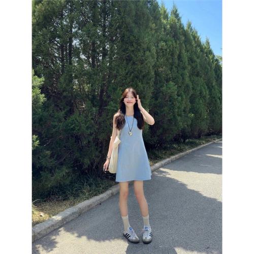 藍色無袖連衣裙女夏季氣質小個子收腰顯瘦背心裙高級修身圓領短裙