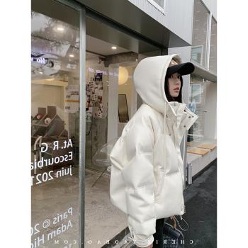 設計感小眾PU皮衣短款連帽羽絨服