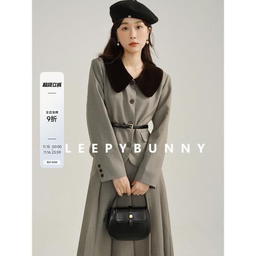 瞌睡兔 撞色娃娃領套裝冬學院風百搭減齡百褶A字裙子兩件套