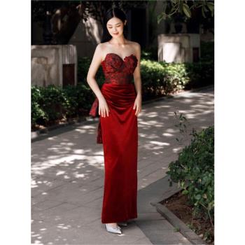敬酒服新娘結婚魚尾抹胸訂婚晚禮服裙女輕奢小眾酒紅色絲絨高階感