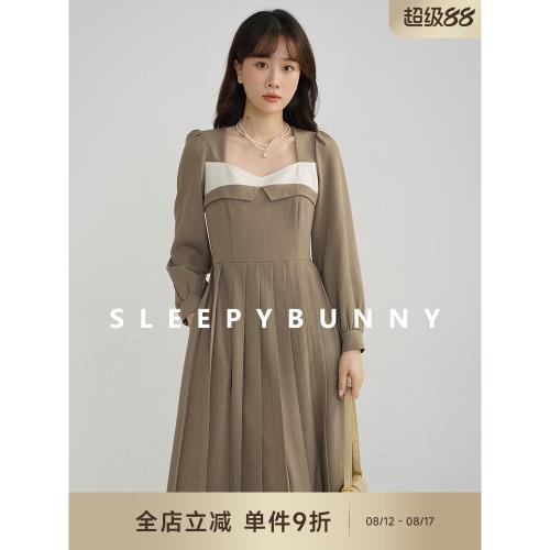 X瞌睡兔 法式復古假兩件撞色方領連衣裙女冬遮肉顯瘦A字長裙子