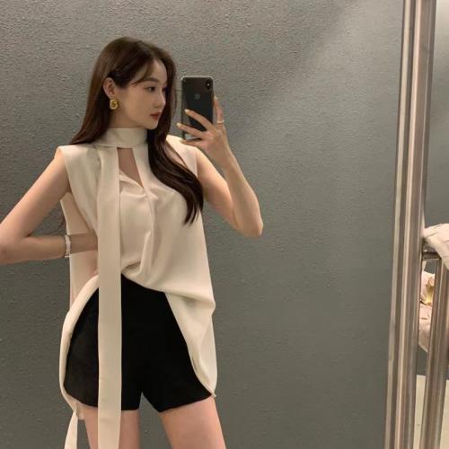 無袖雪紡襯衫女韓國chic寬松慵懶V領設計感超仙飄逸絲帶垂感上衣