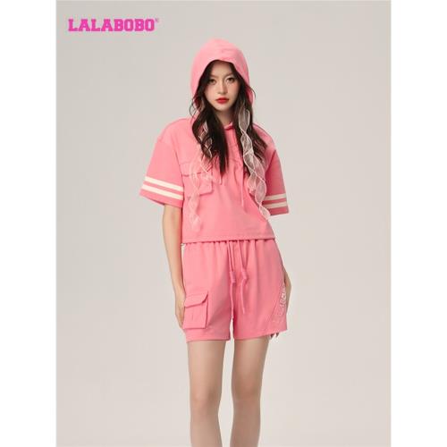 【設計師潮牌】LALABOBO2024年夏新款復古老花套頭短袖連帽衛衣女