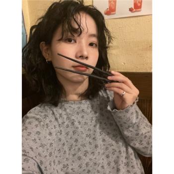 ifbeer灰色碎花T恤復古韓版長袖打底衫圓領ins女秋冬木耳邊上衣