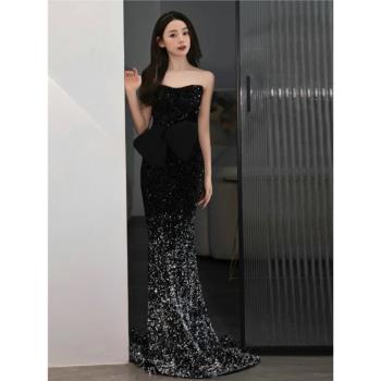 晚禮服女2024新款黑色輕奢小眾高階漸變亮片氣質魚尾主持人連衣裙