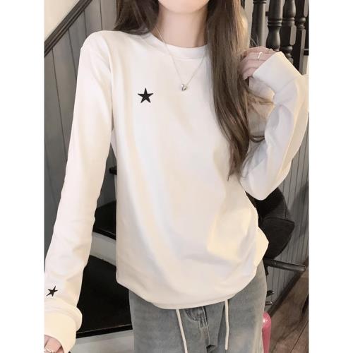 白色打底衫女秋冬2025新款慵懶寬松上衣內搭刺繡圓領衛衣長袖t恤