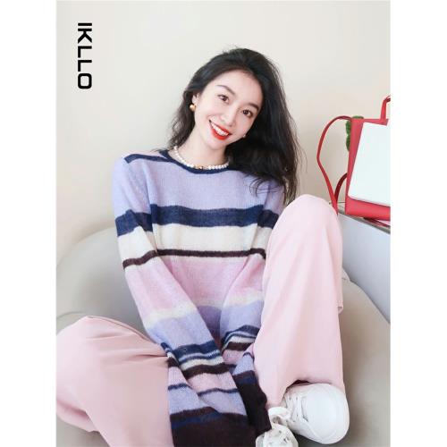 秋季2025新款奶fufu寬松軟糯小香風針織上衣設計感紫色條紋毛衣女