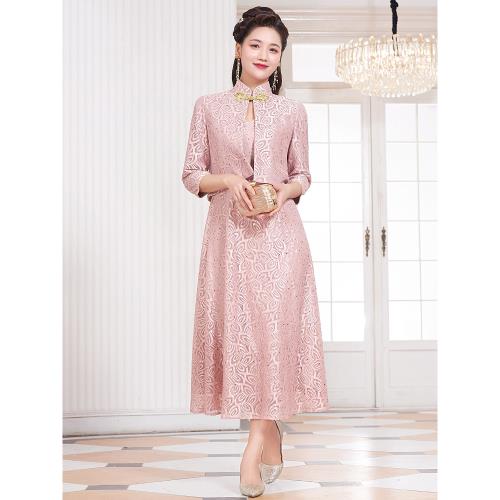多麗琦復古改良旗袍裙外搭披肩兩件套優雅氣質媽媽婚宴會禮服套裝