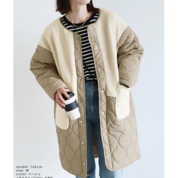 外貿款秋冬季拼接棉服大碼中長款大衣女式日韓系設計感拼色外套潮