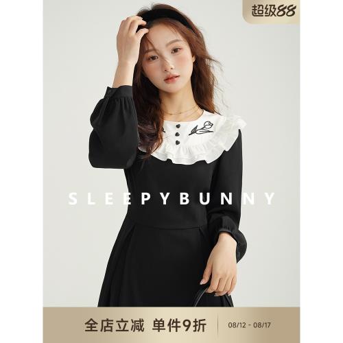 瞌睡兔 荷葉邊大翻領撞色娃娃領連衣裙收腰寬松下擺高腰顯瘦長裙