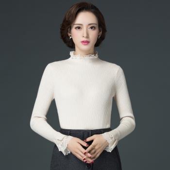 蕾絲拼接半高領厚款彈力修身毛衣