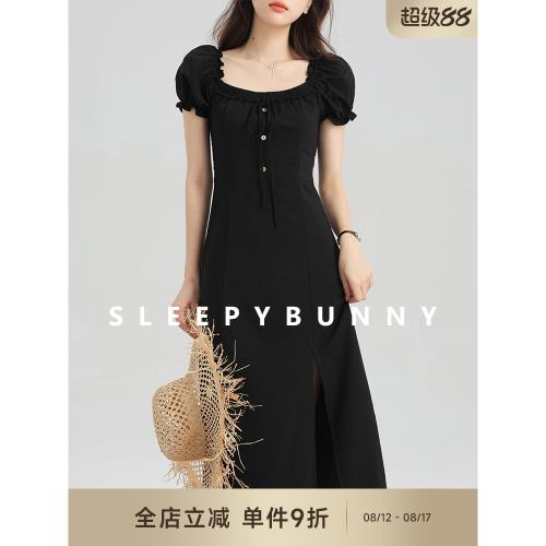 瞌睡兔 赫本風泡泡袖綁帶連衣裙女夏小個子甜美氣質修身顯瘦a字裙