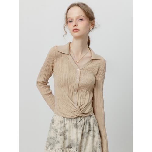 EGGKA多色豎紋理翻領扭結早秋薄款針織衫修身顯瘦藝術感長袖上衣