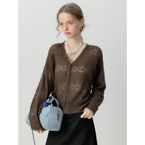 EGGKA復古咖色鏤空爛邊設計長袖毛織開衫秋季v領寬松慵懶風短外套