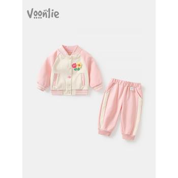 凡獵女童春裝套裝洋氣時髦嬰兒衣服寶寶棒球服兒童運動兩件套春秋