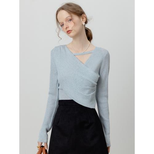 EGGKA不規則v領針織衫入秋高級修身設計感毛織長袖上衣打底衫女款