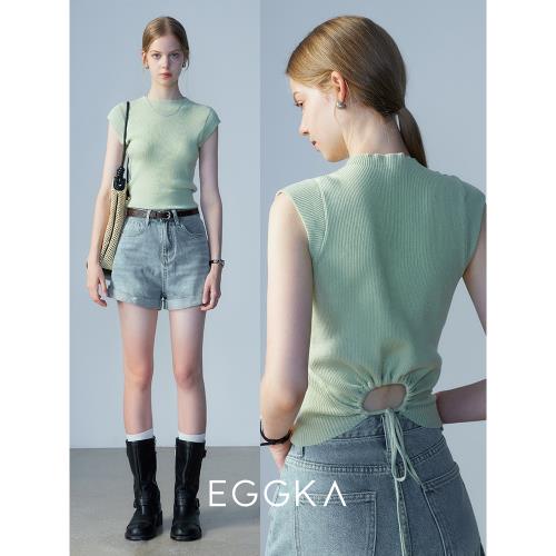現貨 EGGKA 豎紋后腰鏤空綁帶設計感短袖針織衫正肩修身純色上衣