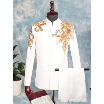 中國風中山裝中山服繡花中式婚禮男士主持人禮服唐裝大合唱演出服