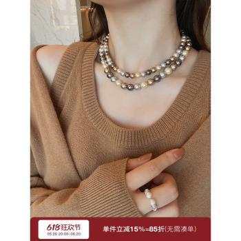 蜜蜂媽手作美拉德混彩奶咖色珍珠項鏈女春秋2024新款高階感鎖骨鏈