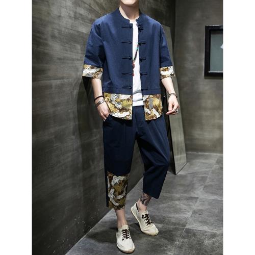 新中式男裝套裝男士漢服復古風道袍古裝亞麻t恤夏中國風棉麻唐裝