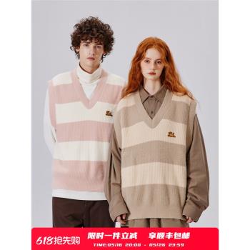 PSO Brand男女裝可愛小狗學院風拼色條紋毛衣背心打底針織衫情侶