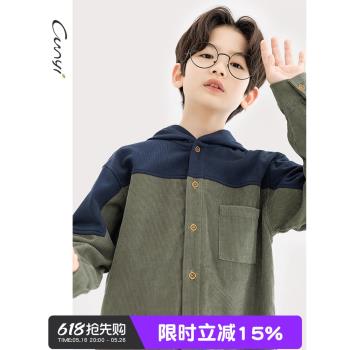 純一良品童裝男童長袖襯衫春秋中大童燈芯絨拼接連帽外套潮