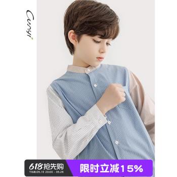 純一良品童裝男童長袖襯衫秋季新品中大童條紋拼接立領外套