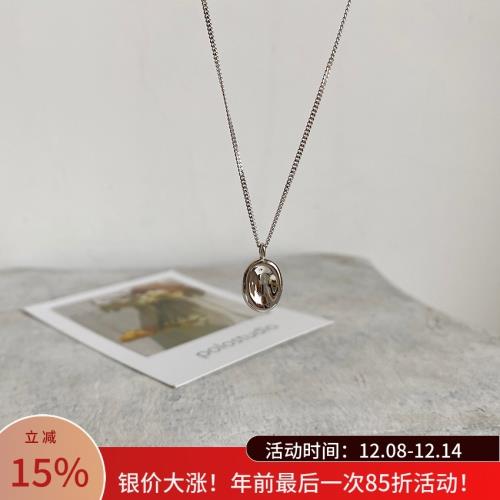 通體s925純銀ins簡約潮流幾何凹面橢圓水滴形吊墜鎖骨鏈女生項鏈