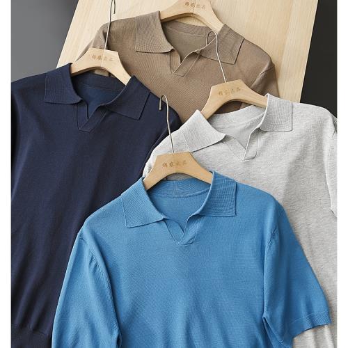 西班牙高端 優雅紳士夏季百搭休閑透氣古巴領針織短袖polo衫男T恤