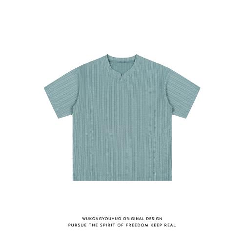 悟空有貨日系復古高級感紋理短袖T恤男潮牌街頭寬松小V領純色半袖