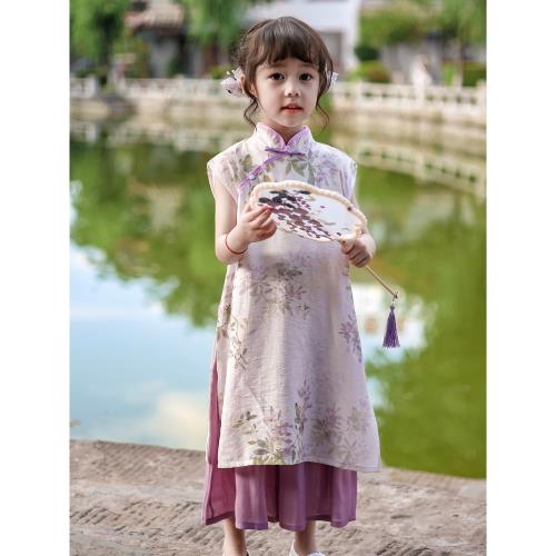 女童旗袍套裝小女孩國風新中式連衣裙洋氣碎花裙子潮新款夏季