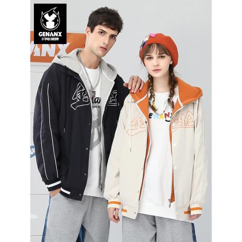 GENANX閃電潮牌運動風夾克拼接帽子拉鏈紐扣雙門襟假兩件情侶外套