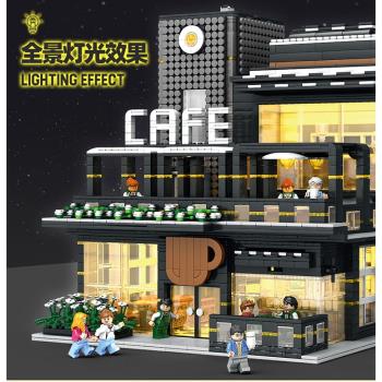 街景建築燈光版轉角咖啡廳高難度拼裝中國積木玩具兒童禮物86007