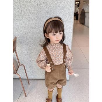 AnnieGirl秋季女童復古森系立領花邊長袖襯衫燈芯絨背帶褲套裝
