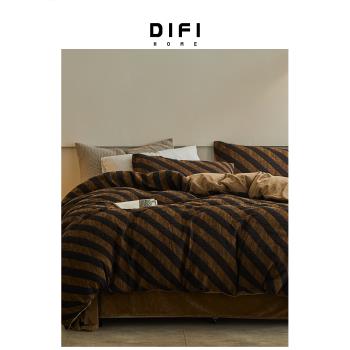 義大利DIFI新款秋冬全棉棉加絨加厚色織斜條金咖色ins臥室四件套