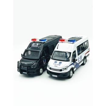 盒裝1:24依維柯警車麵包車合金汽車模型防爆車回力聲光玩具車男孩