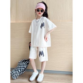 女童套裝洋氣時髦夏裝2024新款大童夏季衣服兒童短袖短褲運動套裝