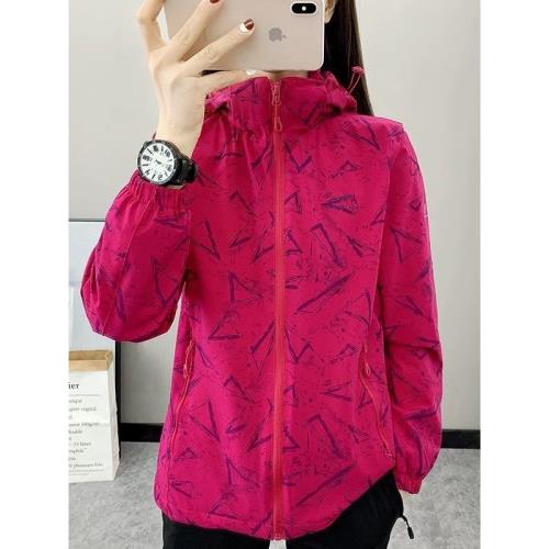 春秋加絨外套女印花薄款軟殼沖鋒衣寬松透氣登山騎行加厚防風上衣